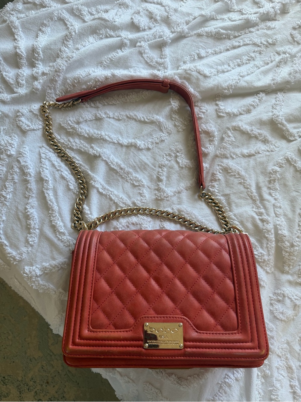 Bebe Quilted Coral Chain Shoulder Bag